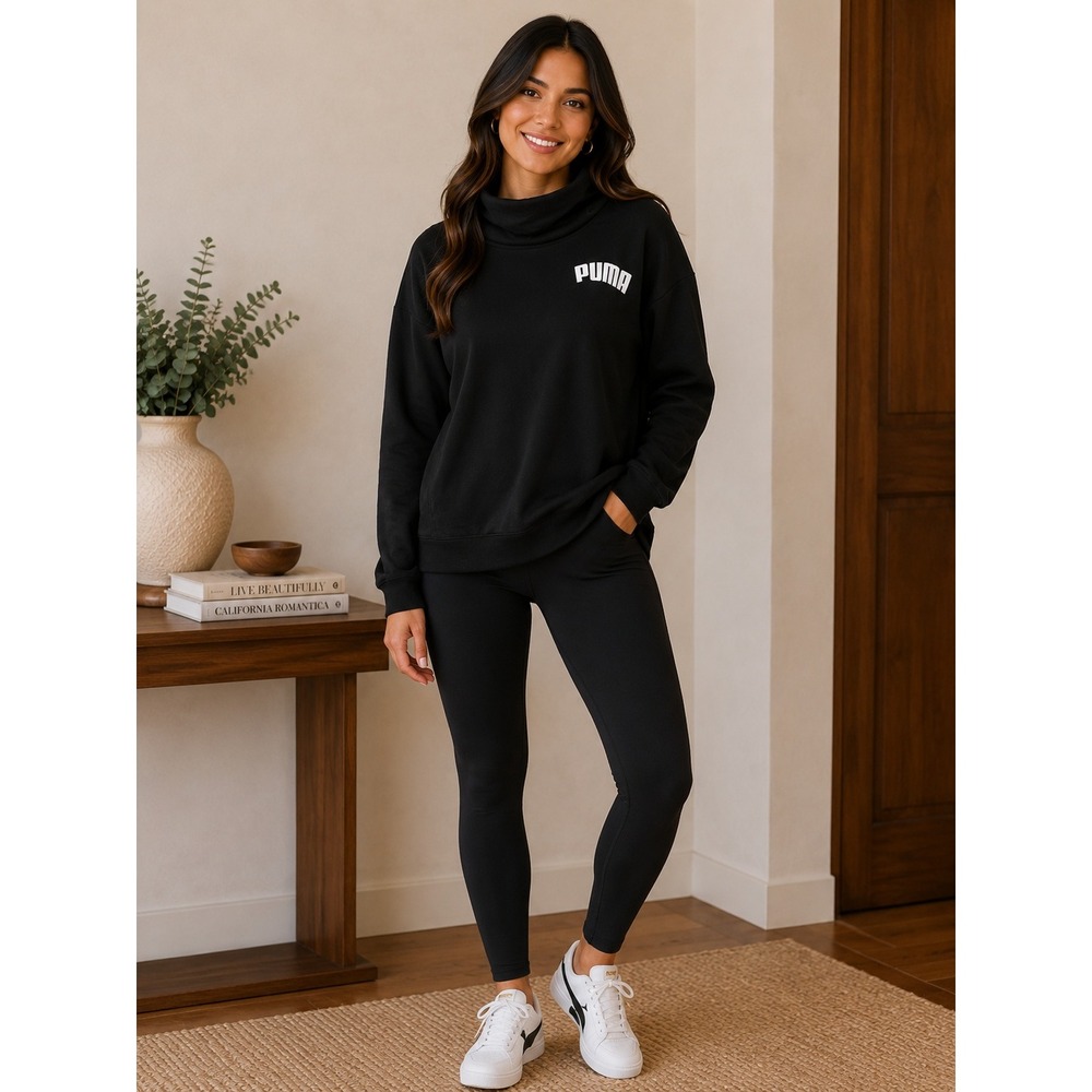 Puma Womens Black Cowl Neck Pullover Hoodie Fleece Sweatshirt Logo Size Large